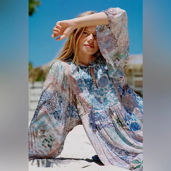 Anthropologie Sky Cressida Balloon Sleeve Midi Dress Tassel Beach Boho Fun Sz XS - Picture 6 of 14